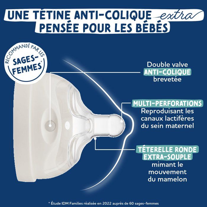 Tétine multi-perforée anti-colique - DODIE - Débit 1 - 0-6 mois - Compatible uniquement avec les biberons Dodie EXTRA