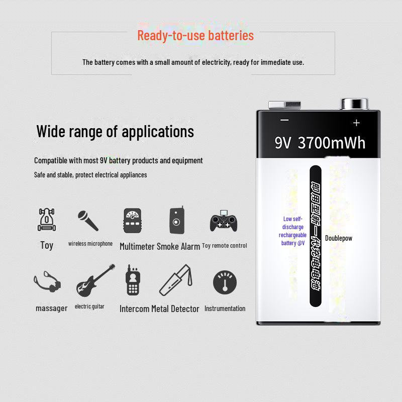 9V Lithium Battery Charger Set with Rechargeable High-Capacity 9V Batteries