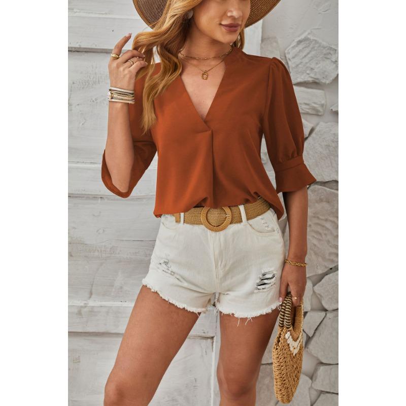 Sommer Damen T-Shirt Einfarbig V-Ausschnitt Halbarm Bequem Atmungsaktiv Lässiges Oberteil