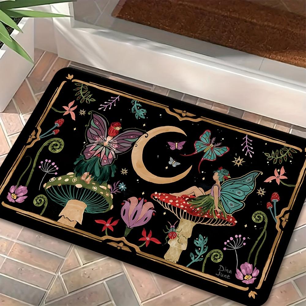 Magical Fairy Mushroom Moon Doormat Enchanted Garden Design for Front Door Entryway Non Slip Durable Floor Mat Perfect Gift