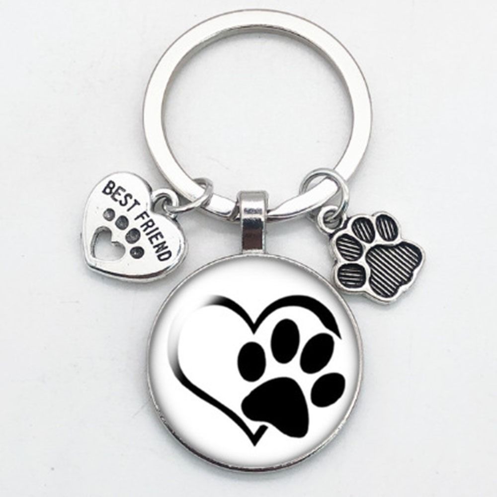 Cartoon Glass Cabochon Key Ring Love Cat Pet Footprints Key Holder Car Key Chain  Bag Hanging
