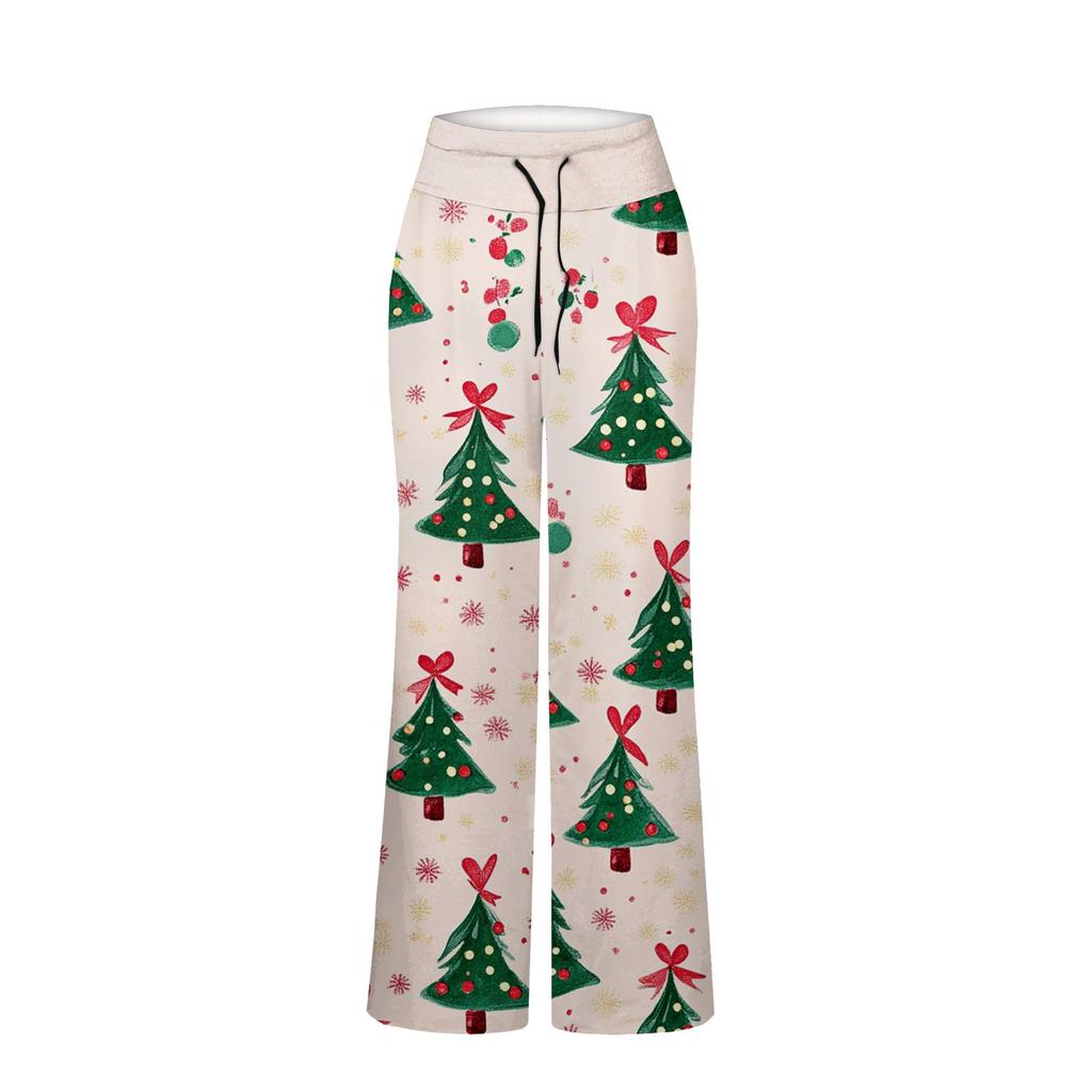 Women's Fashion Casual Comfortable Pajama Pants Christmas Print Drawstring Wide Leg Pants