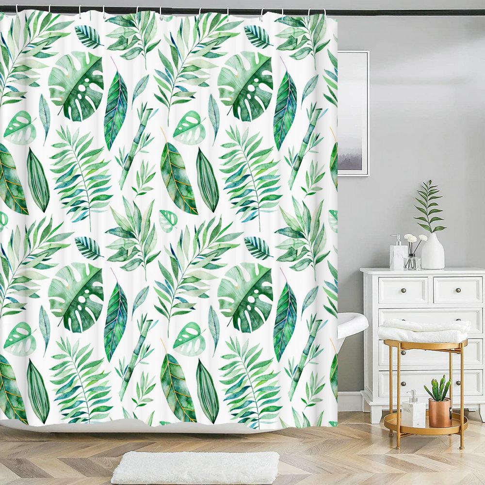 High Quality Green Plant leaves Fabric Shower Curtain Waterproof Monstera leaf Bath Curtains for Bathroom Decor with Hooks