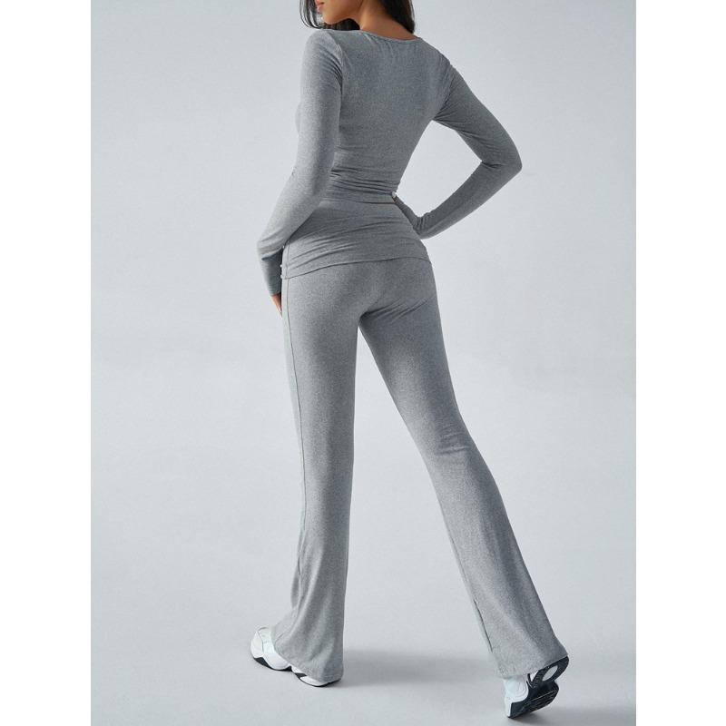 Podzimní dámský sportovní jednobarevný ležérní pletený top s dlouhým rukávem a souprava jógových kalhot
