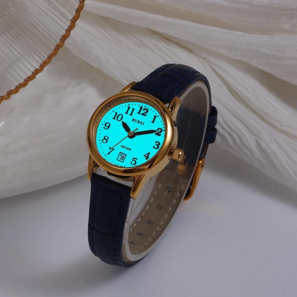 BUREI Analog Quartz Watch with Date Blue Leather Slim and Perfect for Casual and Business Perfect for and Celebrations Women's Display, Strap, Fit,
