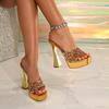 Women's Gold Rhinestone Square Toe Platform Chunky Heel Sandals