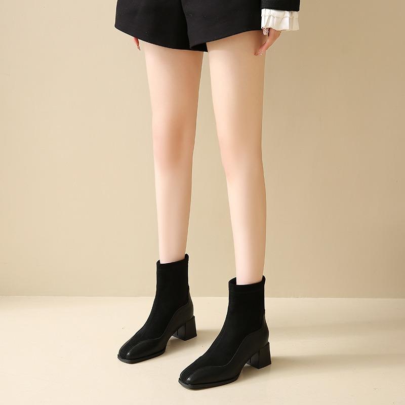 Autumn New Fashion Boots Women's Shoes Winter Medium Heel Thick Heel Square Head Suede Rear Zipper High Heel Short Boots