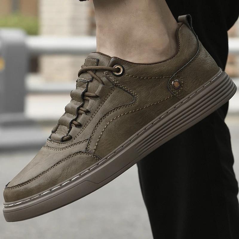 FashionHigh Quality Men Leather Shoes Casual Outdoor Flat Designer Tenis Shoes Fashion Flats Sneakers Comfortable Handmade Lace-Up Shoe
