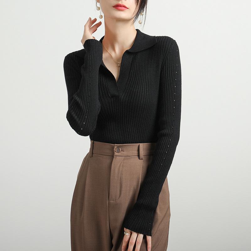 Ladies Autumn Winter Long Sleeve Polo Collar Casual Basic Solid Color Pullover Knitted T Shirt Top for Layering