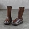 Johnature Women's Boots Genuine Leather Retro Round Toe Thick Soled Side Zipper Mid-calf Boots