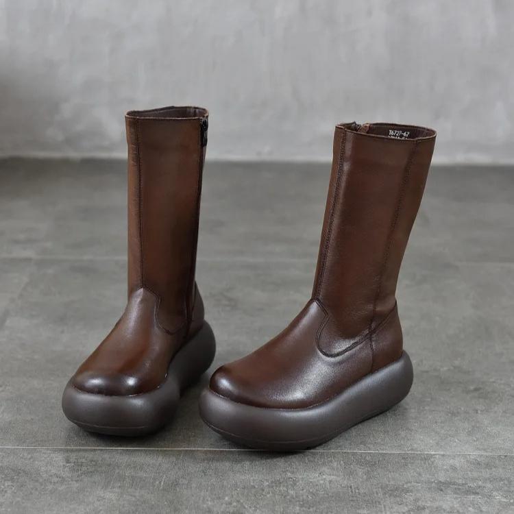 Johnature Women's Boots Genuine Leather Retro Round Toe Thick Soled Side Zipper Mid-calf Boots