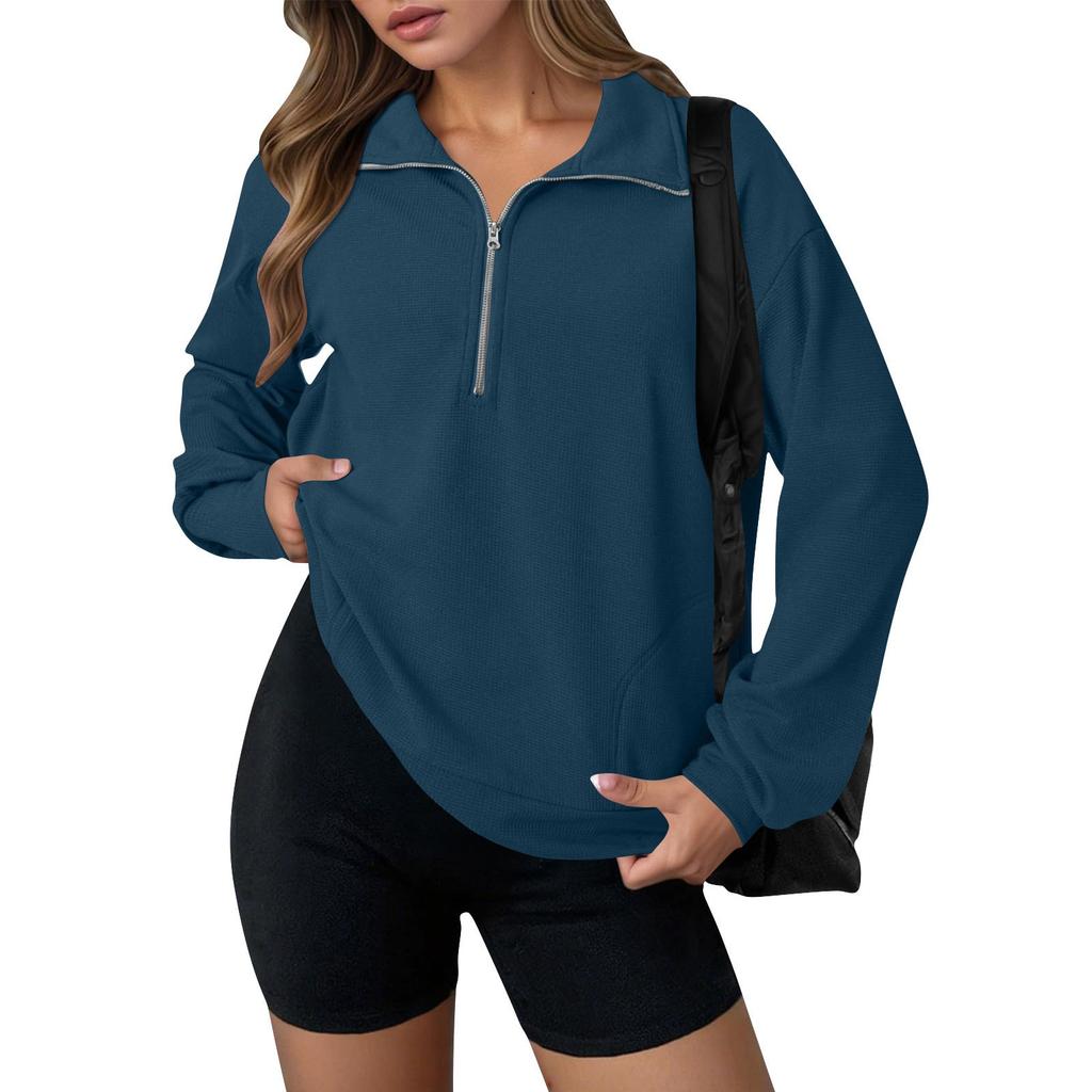 Women's Fashion Solid Color Zipper Lapel Solid Color Casual Sweatshirt Loose