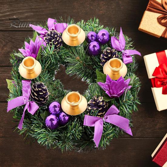 Christmas Wreath 12 Inch Reusable Artificial Pine Needle Wreath with 4 Candle Holders Christmas Wreath with Ribbon Pinecone Berries for Home