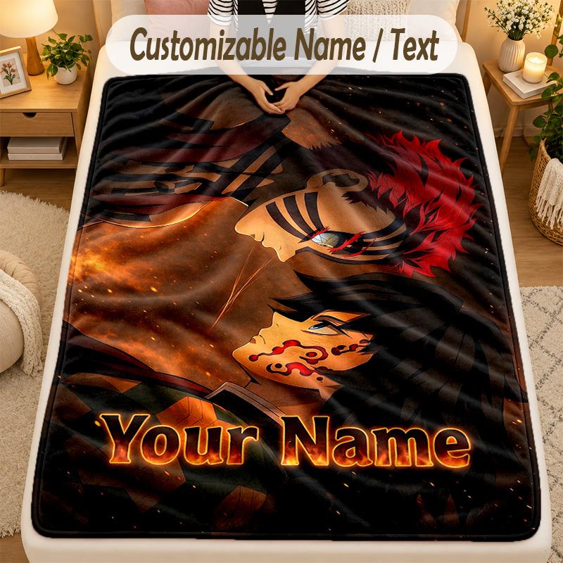 Flannel BlanketDemon Slayer Custom Name Text Personalized Soft Warm Throw Blanket Home Decor Gift