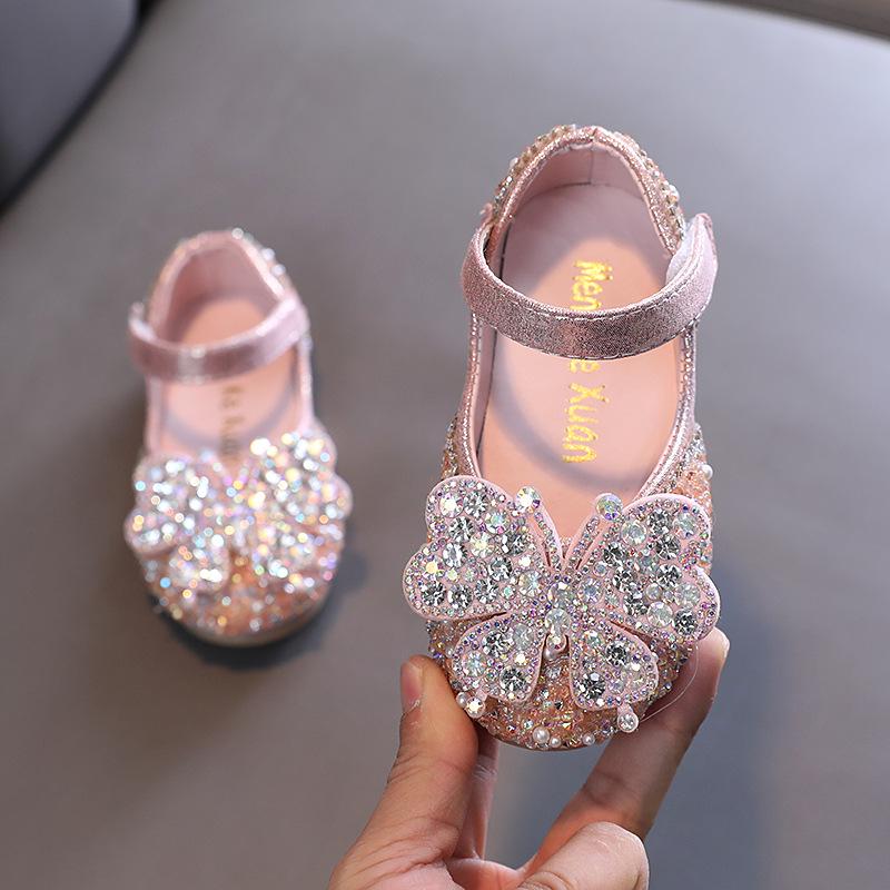 2025 Spring/Summer Korean Style Girls' Rhinestone Bow Princess Dance Leather Shoes