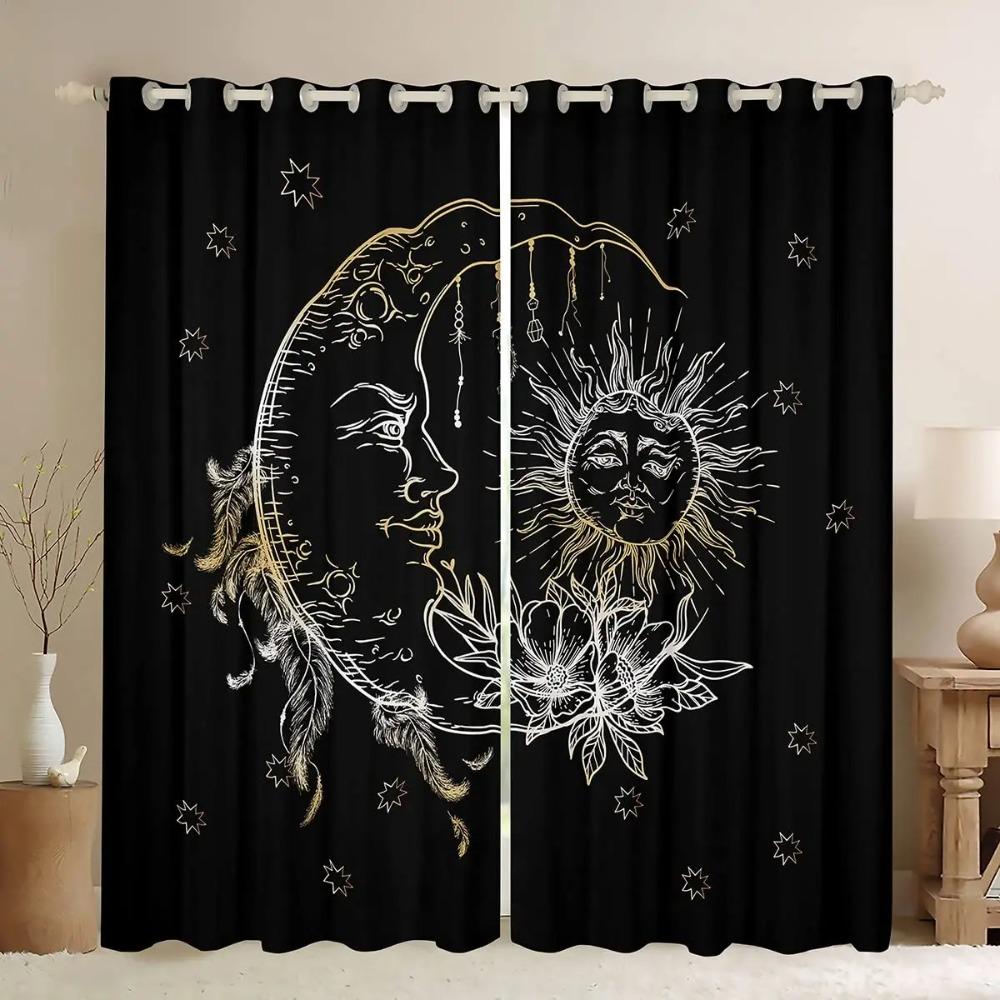 2pcs Sun Moon Curtain Constellation Window Curtains Gothic Boho Mandala Curtains For Living Room, Bedroom, Kitchen, Home Decor