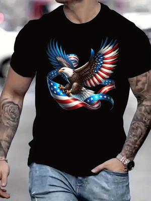 Men039;s Patriotic Bald Eagle Graphic T-ShirtAmerican Flag Design Black Cotton Unisex T-Shirt