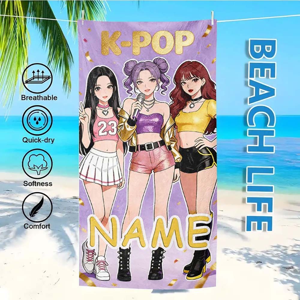 1pc  Personalized Girl Pop Star Beach Towel, Custom Name Quick Dry Towel for Summer Beach Vacation