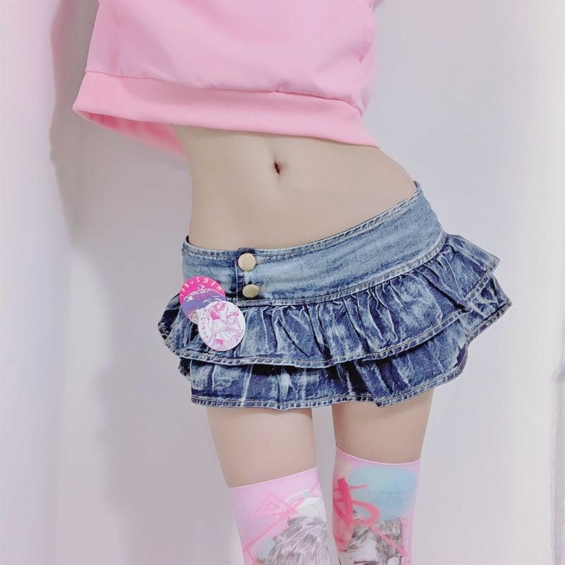 Pleated Ruffles Super Mini Low Waist Denim Skirt Women Skirts