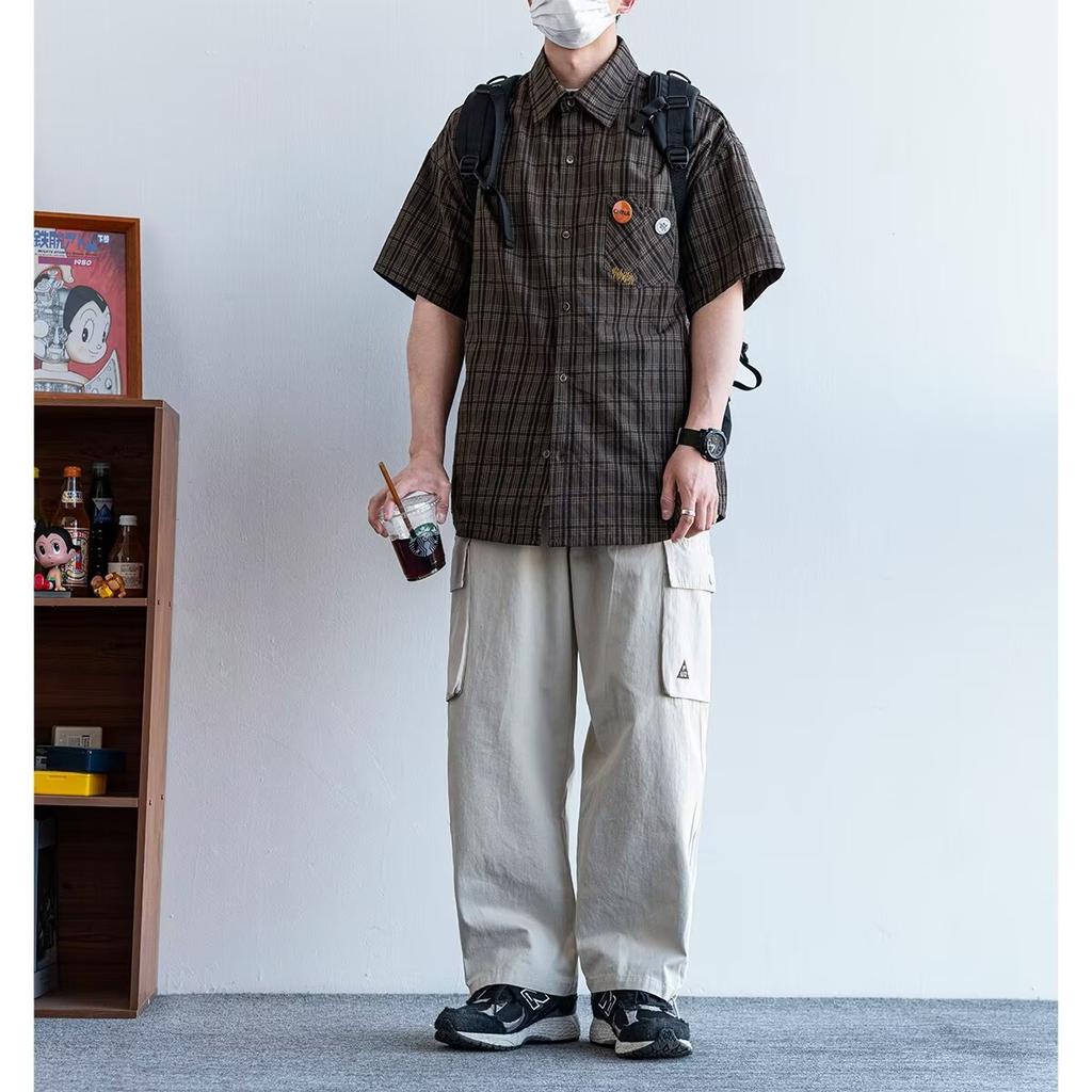 Checkered Striped Summer Thin Collar Short Sleeved Shirt Casual Loose Men'S And Women'S Five Quarter Sleeve Trendy Brand Shirt