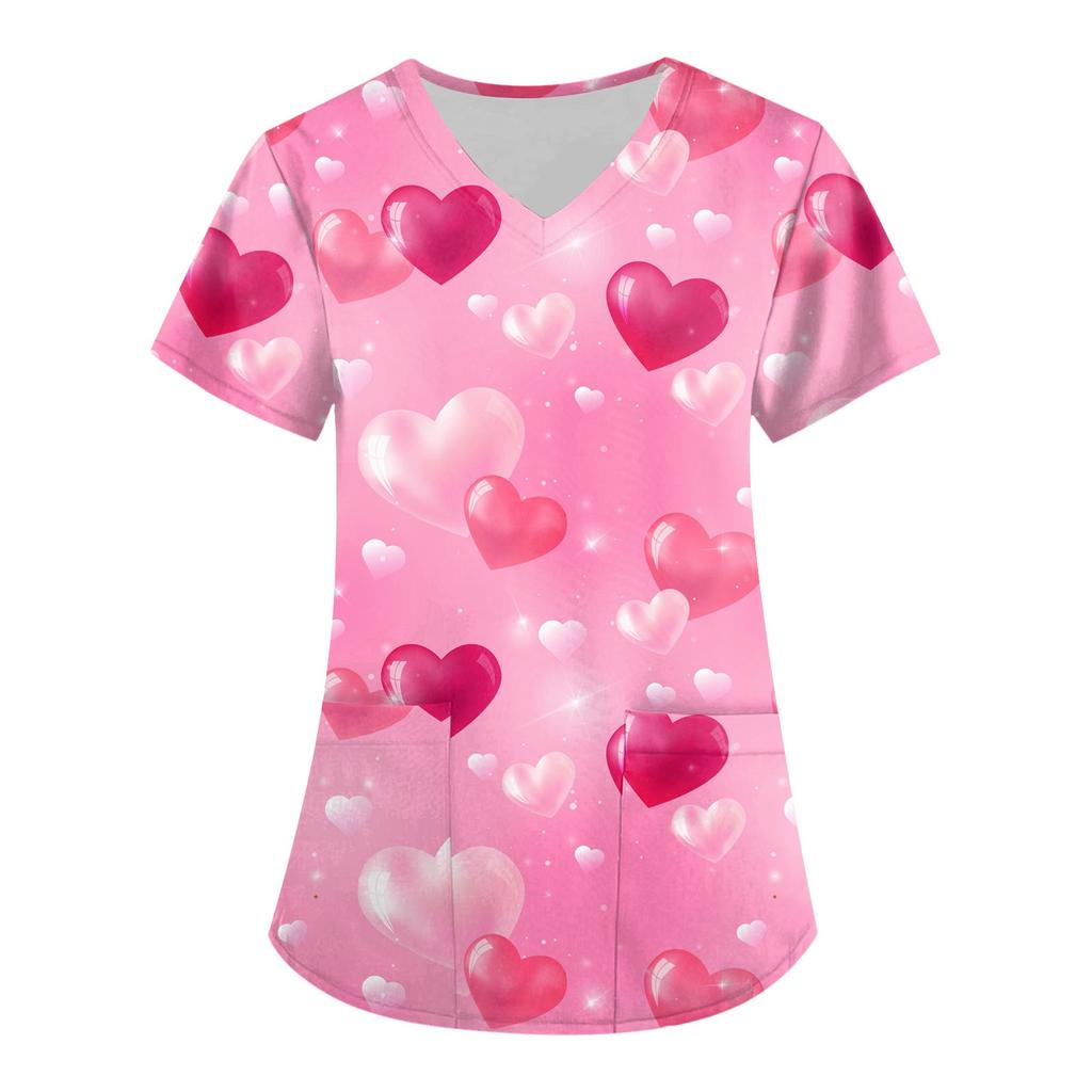 Women's Fashion V-neck Short Sleeve Workwear With Pockets Valentine's Day Printed Tops