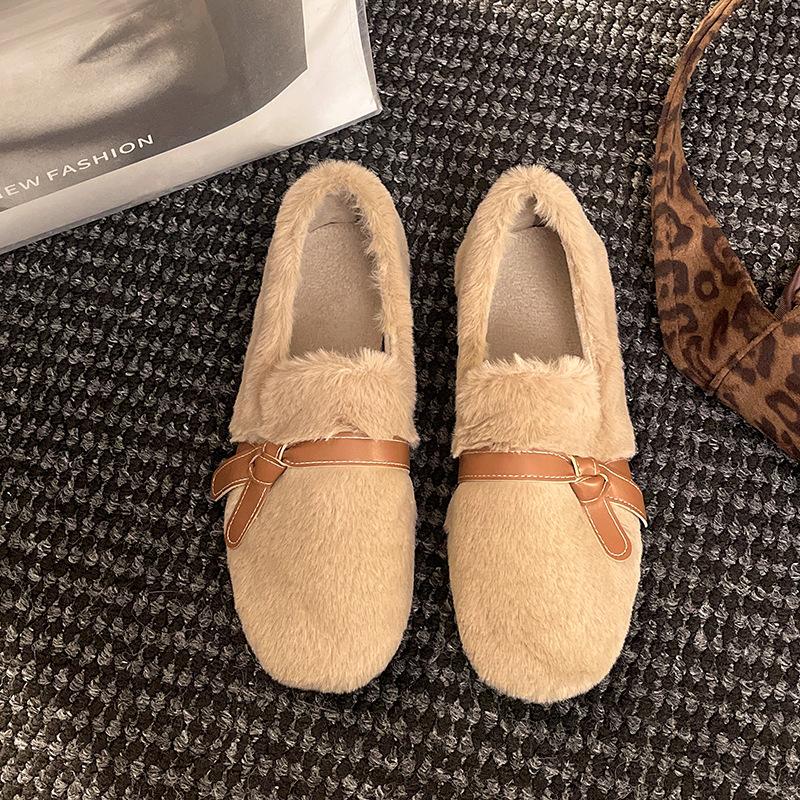 Thick-soled heightening fleece round-headed fluffy shoes for women to wear in autumn and winter, gentle Internet celebrities pedal beanie shoes in w