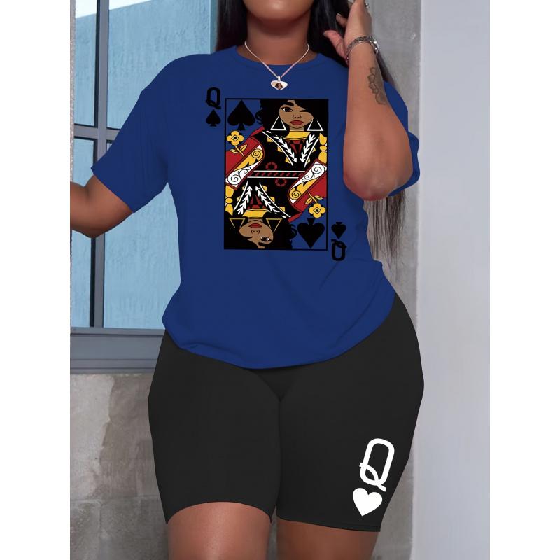 Large-size Casual Fashionable Printed Black Short-sleeved Shirt + Shorts. Letter Design. Sportswear. Queen. Poker Print