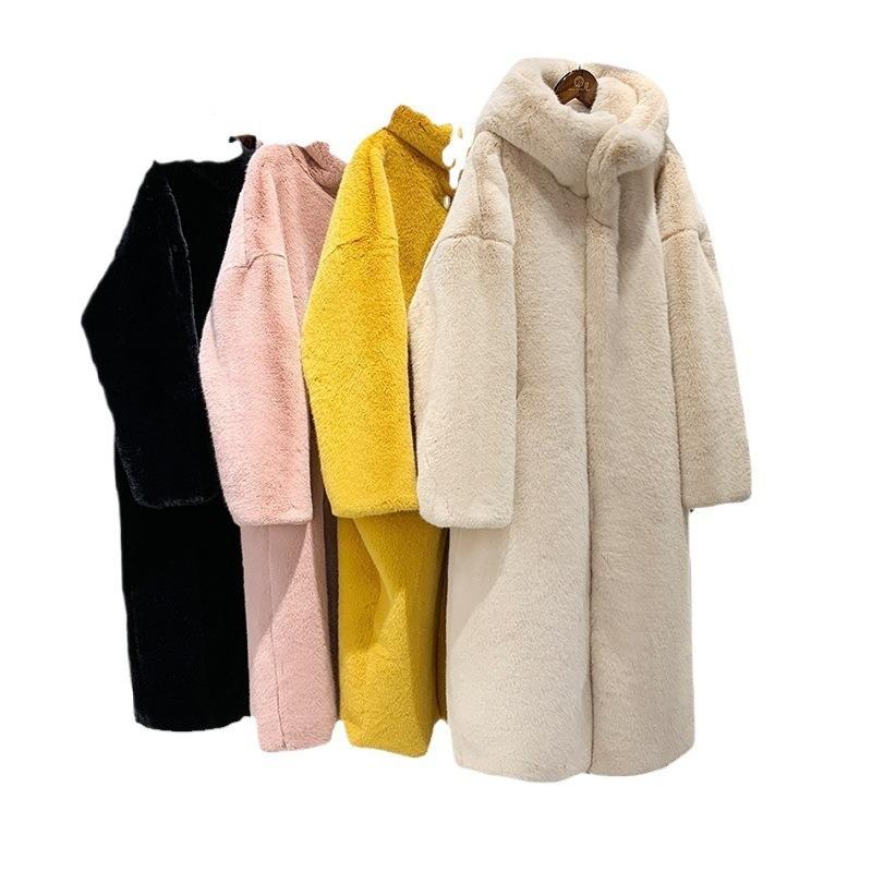 Furry jacket women's large size autumn and winter thickened imitation mink hair medium and long hooded loose plush imitation fur coat