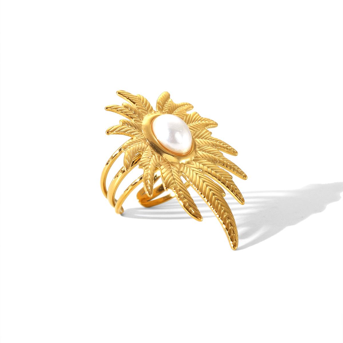 Stainless steel open ring, non-fading exaggerated texture leaf titanium steel ring for women, pearl hand jewelry золотой