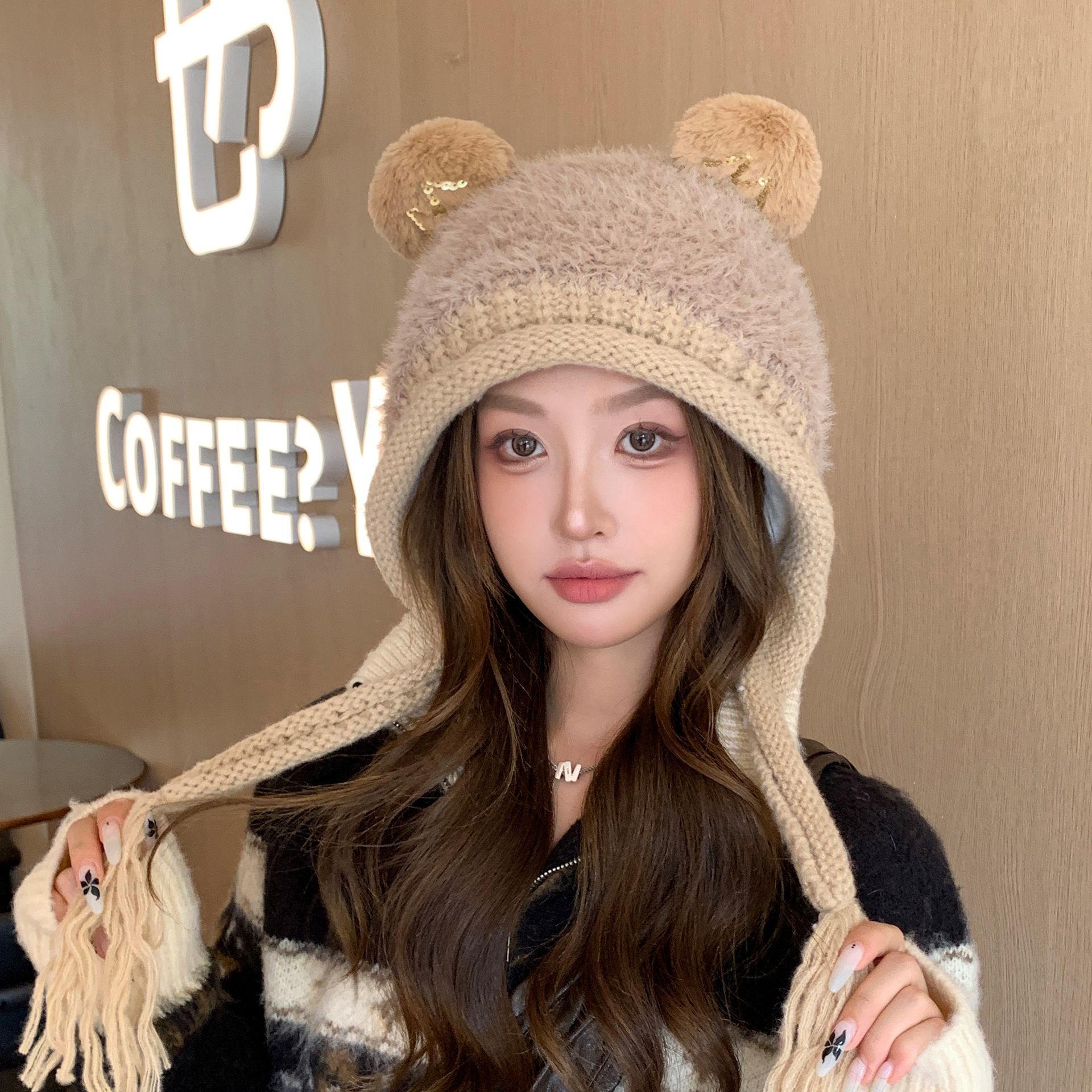 

Милая шапка-бини с ушками, женская шапка, осенне-зимняя, теплая, с защитой ушей, вязаная шапка, оптом One Size бежевый