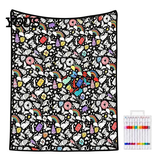 Interaktive Familiermalspiele DIY Maldecke, Cartoon-Muster Druck Weiche Polyester-Decke, DIY-Decke für Kinder Kreative Kunstprojekte Erwachsene