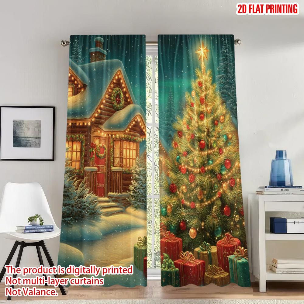 

2pcs 2D flat printing Fashionable Christmas Curtains Cozy Christmas Snowing House Tree Gifts Digital Printed Polyester Drapes 100*130 Grommet Top 1pcs