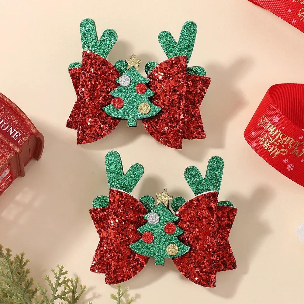 2pcs Glitter Christmas Kids Bows Hairpin for Girls Antlers Printed Fabric Ponytail Clips Christmas Holiday Prom Hair Accessories