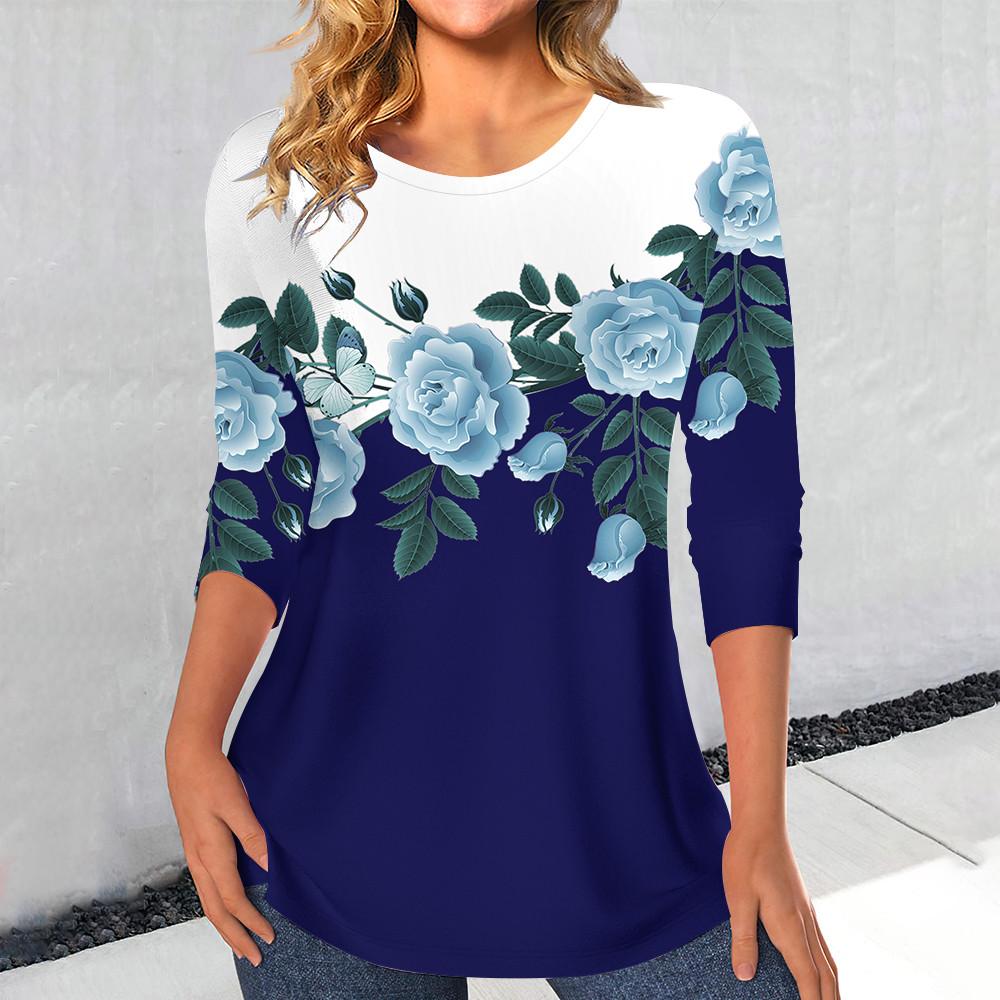 Women's Casual Rose Print T-shirts Elegant Fashion Clothes Streetwear Vintage Long Sleeve Loose Tops