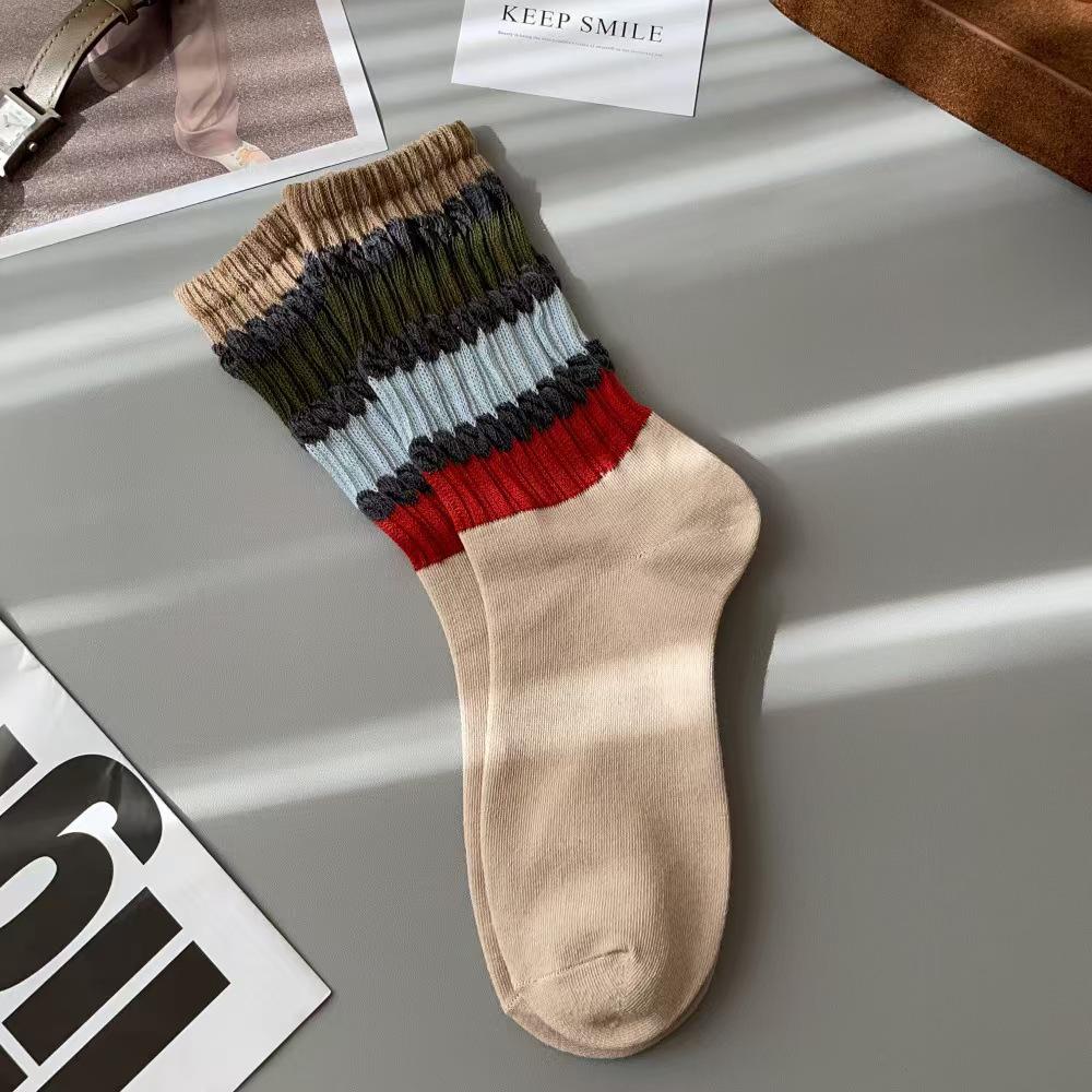 Women's Loose Cuff Striped Rainbow Socks - Korean Style, Internet Celebrity Inspired, Comfortable Spring/Autumn Fit, Retro Long Socks.