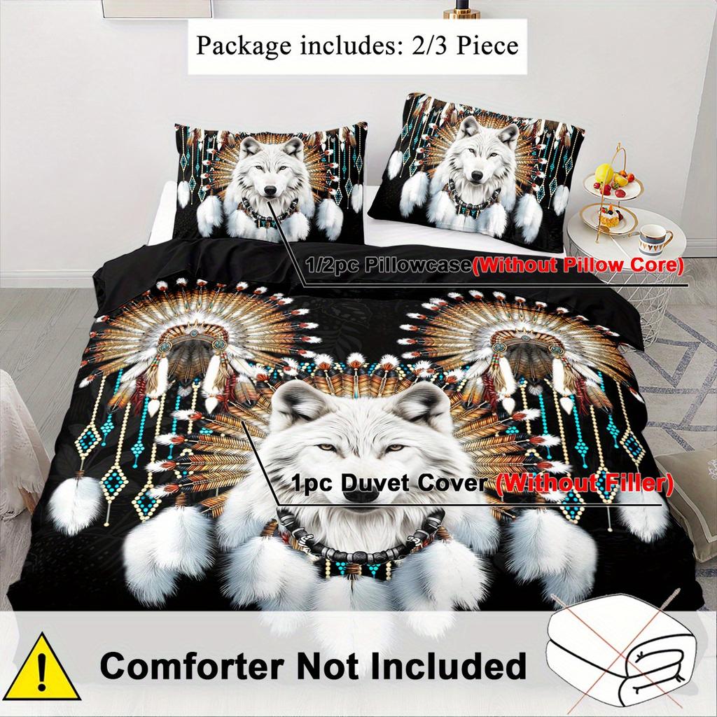 3pcs Soft Comfortable Wolf Duvet Cover Sets King Western Tribe Wolf Bedding Set Animal Print Duvet Cover Sets for Bedroom