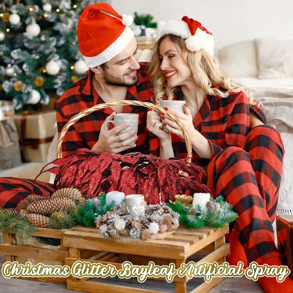 1pcs Glitter Bay Leaf Stems Artificial Christmas Spray Picks  Fake Floral Leaf Branches Wired Stem Decor For Christmas Tree