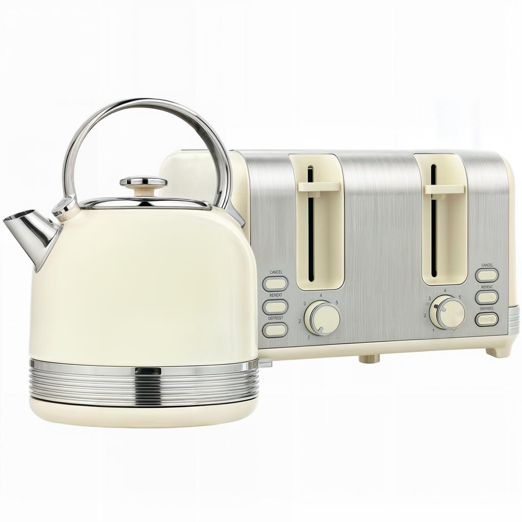 Polished Stainless Steel Kettle and Toaster Set - Cream