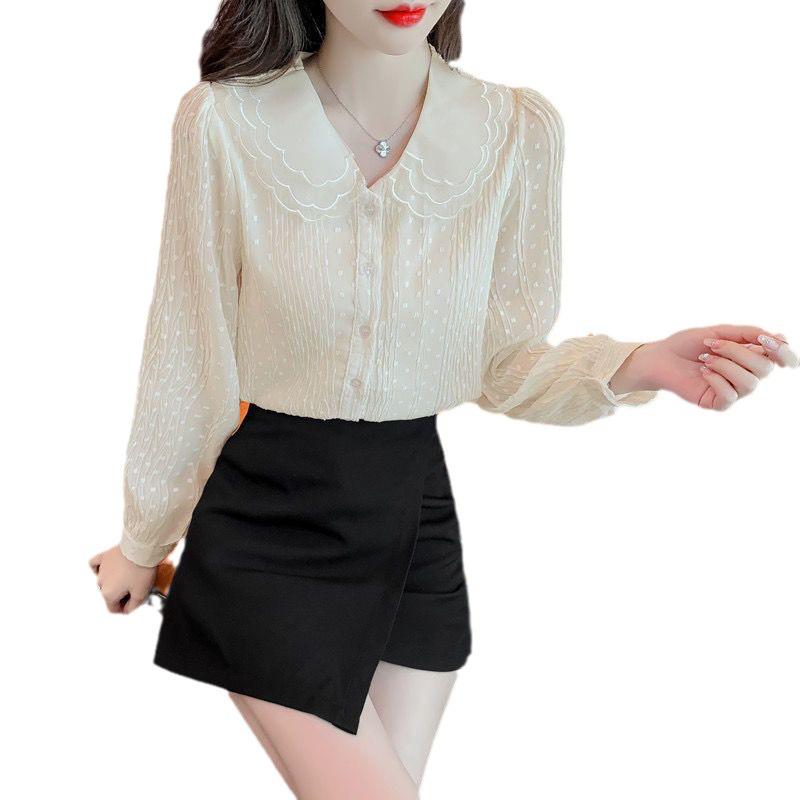 2024 Spring Women's Chiffon Blouse with Peter Pan Collar, Slimming Long Sleeve Top