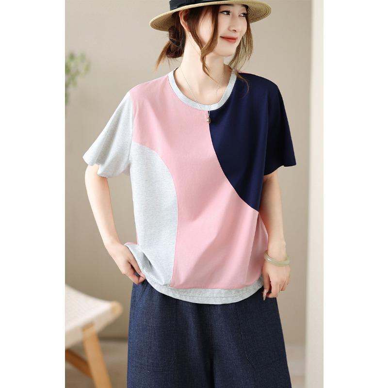 DIMANAF 2026 Plus Size Summer Women T-Shirts Casual Lady Tops Tunic Shirt Spliced Oversize Loose Tees Cotton