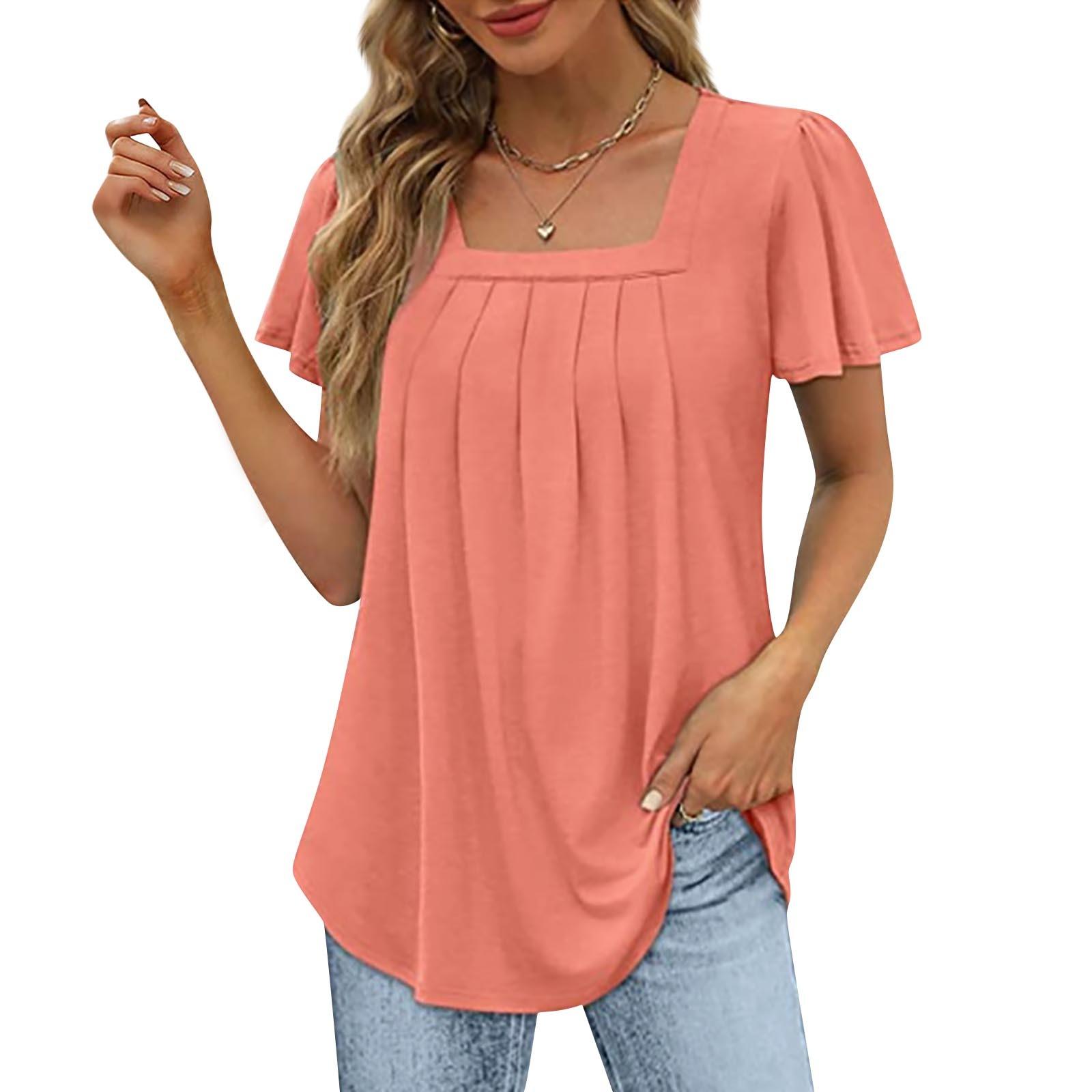 Ladies Color Square Neck Short Sleeve Ruched Breathable Short Sleeve Top M