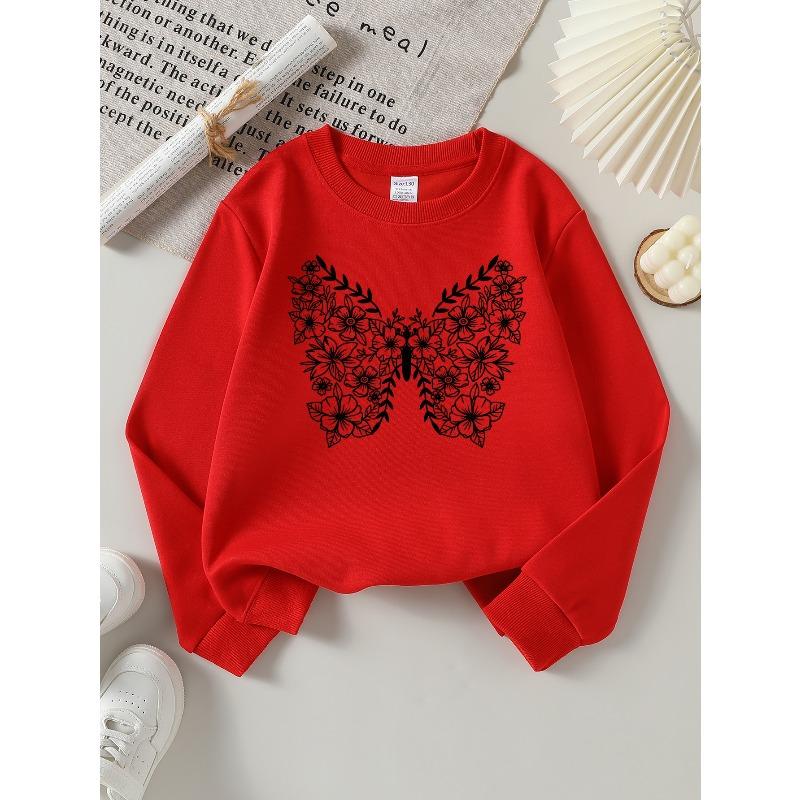 European sizes Girls Crew Neck Sweatshirt Floral Butterfly Pattern Design, Soft Cozy Pullover, Warm Casual for Autumn Winter.