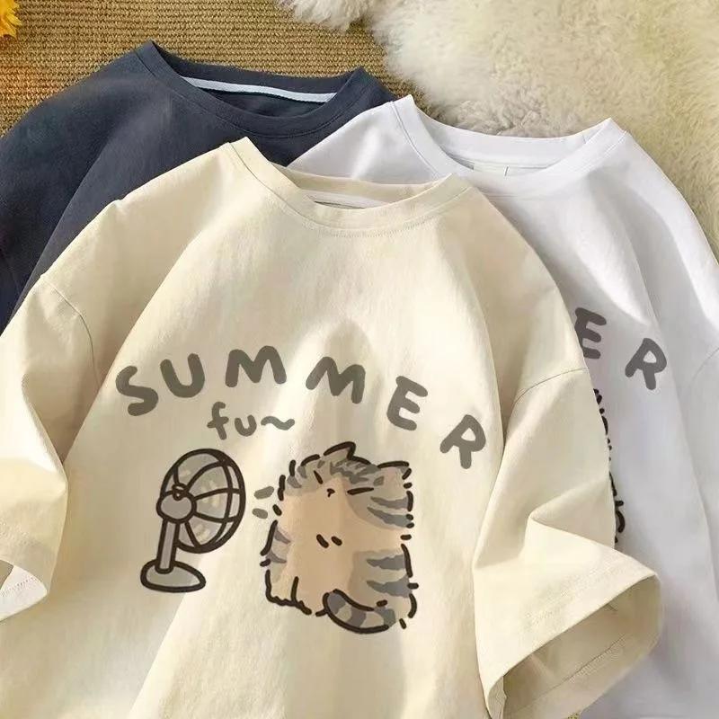 Korean Minimalist Cartoon Cute Cat Printed Summer T-shirt Casual Round Neck Short Sleeves Creative Fashion Women's Clothing