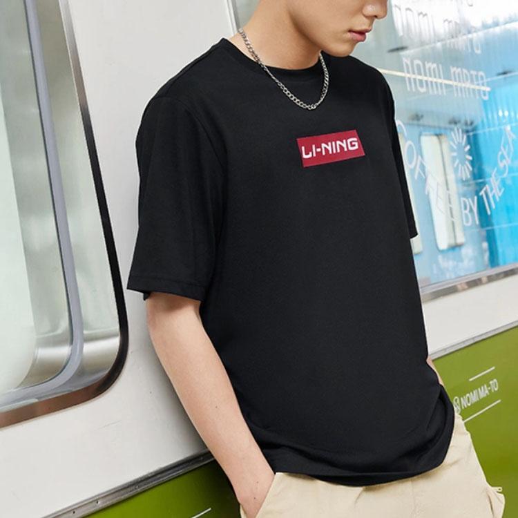 Li-Ning Sports Fashion Series Letter Logo Print Solid Color Round Neck Short Sleeve T-Shirt Unisex Tops Black AHSSC17-2
