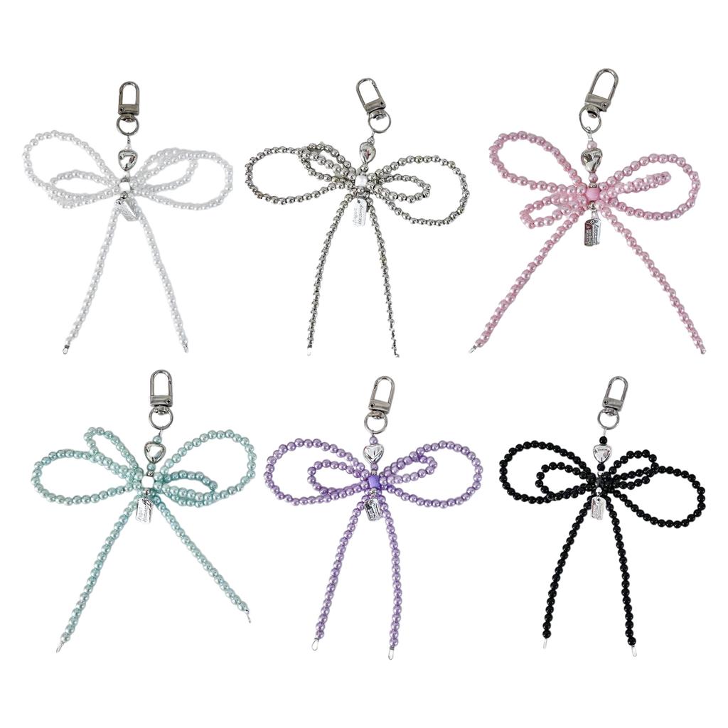 Elegant Bowknot Keychain Charm Silver Heart Pendant Woman Accessories Fashion Bag Charm Beaded Key Pendant for Key Bag