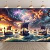 Viking Ship Tapestry, Warriors Sailing In Stormy Sea with Lightning, Epic Norse Battle Scene Wall Art for Home Dorm Decor