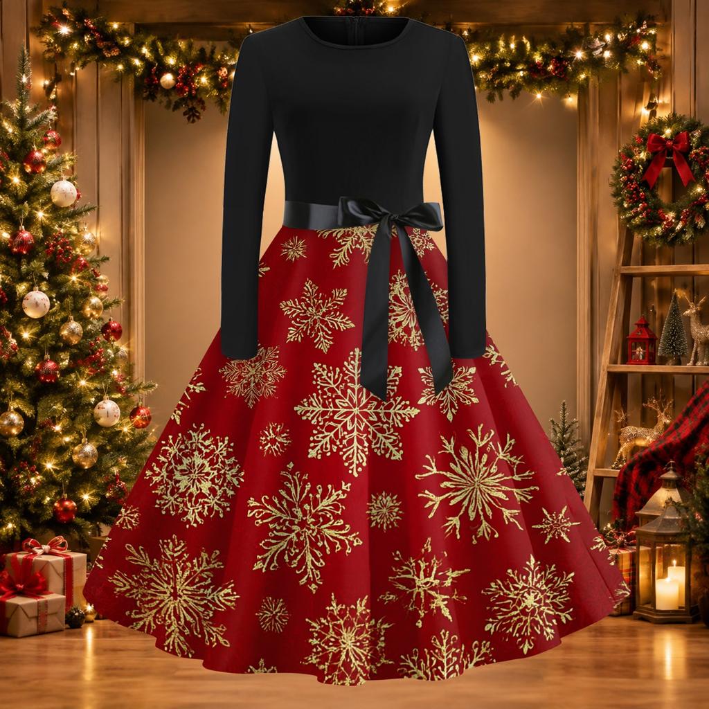 Women's Casual Christmas Print Neck Vintage Dress for Holiday Party