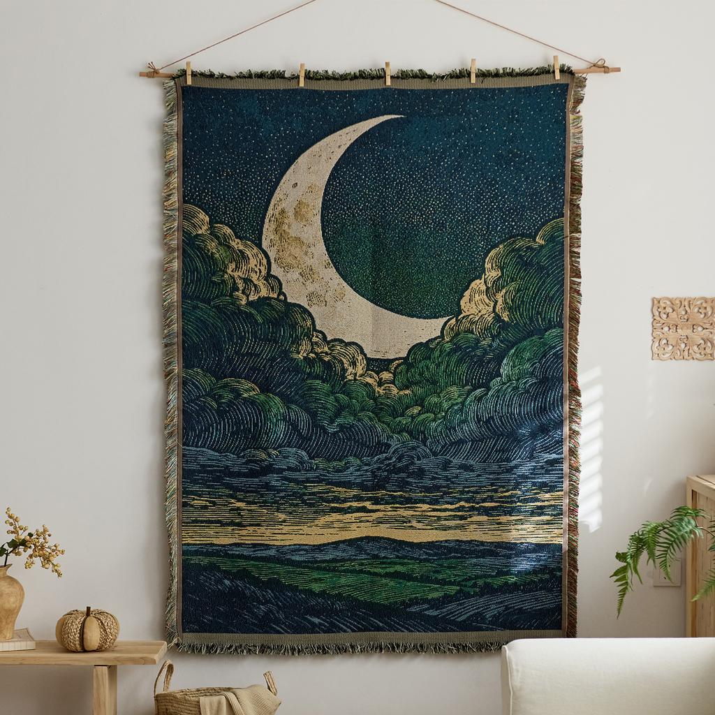 Retro Star and Moon Cloud Scene Hanging Cloth Art Style Fabric Hanging Painting Homestay Wall Decoration Background Cloth Cotton Yarn Fringed Tapestry