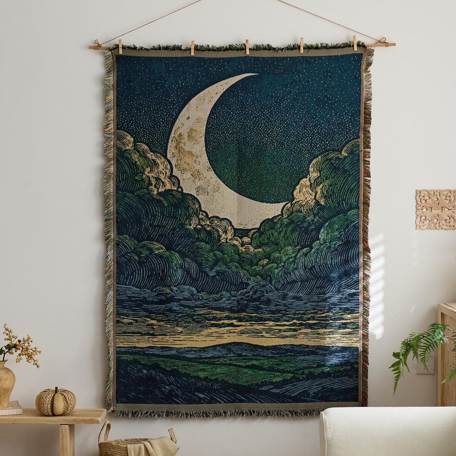 

Retro star and moon cloud scene hanging cloth art style fabric hanging painting homestay wall decoration background cloth cotton yarn fringed tapestry 180x130