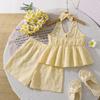 Girls' Fashionable Outfit - Summer Children's Casual V-neck Collarless Sleeveless Frilled Edge Top and Shorts Set